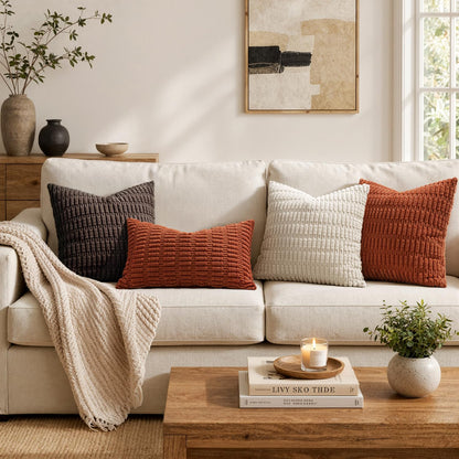MIULEE Pack of 2 Rust Corduroy Decorative Euro Sham Pillow Covers 22x22 Inch Soft Boho Striped Throw Pillow Covers Modern Farmhouse Home Decor for Summer Sofa Living Room Couch Bed