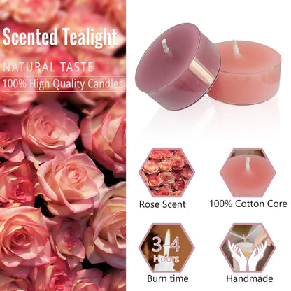 Gradient Pink Tea Lights Set of 24, Rose Scented Tealight Candles, Handmade Tea Candles, Long Burning Tealights for Romantic Wedding Home Decor Gift
