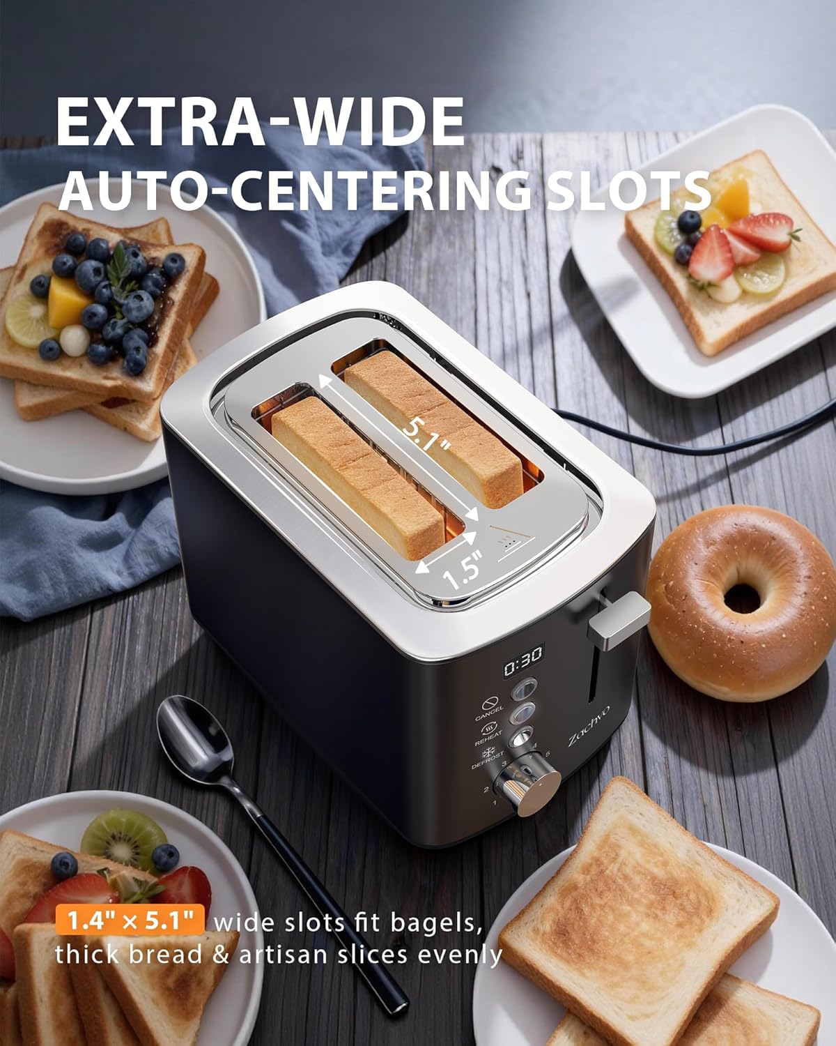 Skiennix 2-Slice Toaster - Wide Slots for Bread & Bagels, Stainless Steel with Digital Countdown, Black