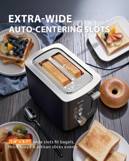 Skiennix 2-Slice Toaster - Wide Slots for Bread & Bagels, Stainless Steel with Digital Countdown, Black