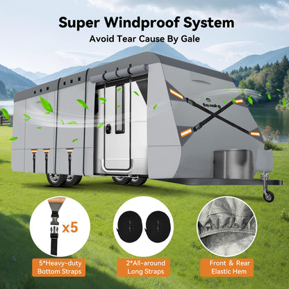 Travel Trailer Cover 20-22 FT, Heavy Duty 7-Layer RV Cover, Rip-Stop Camper Cover, Windproof with 5+2 Straps, UV & Snow Protection, Fits Rooftop A/C