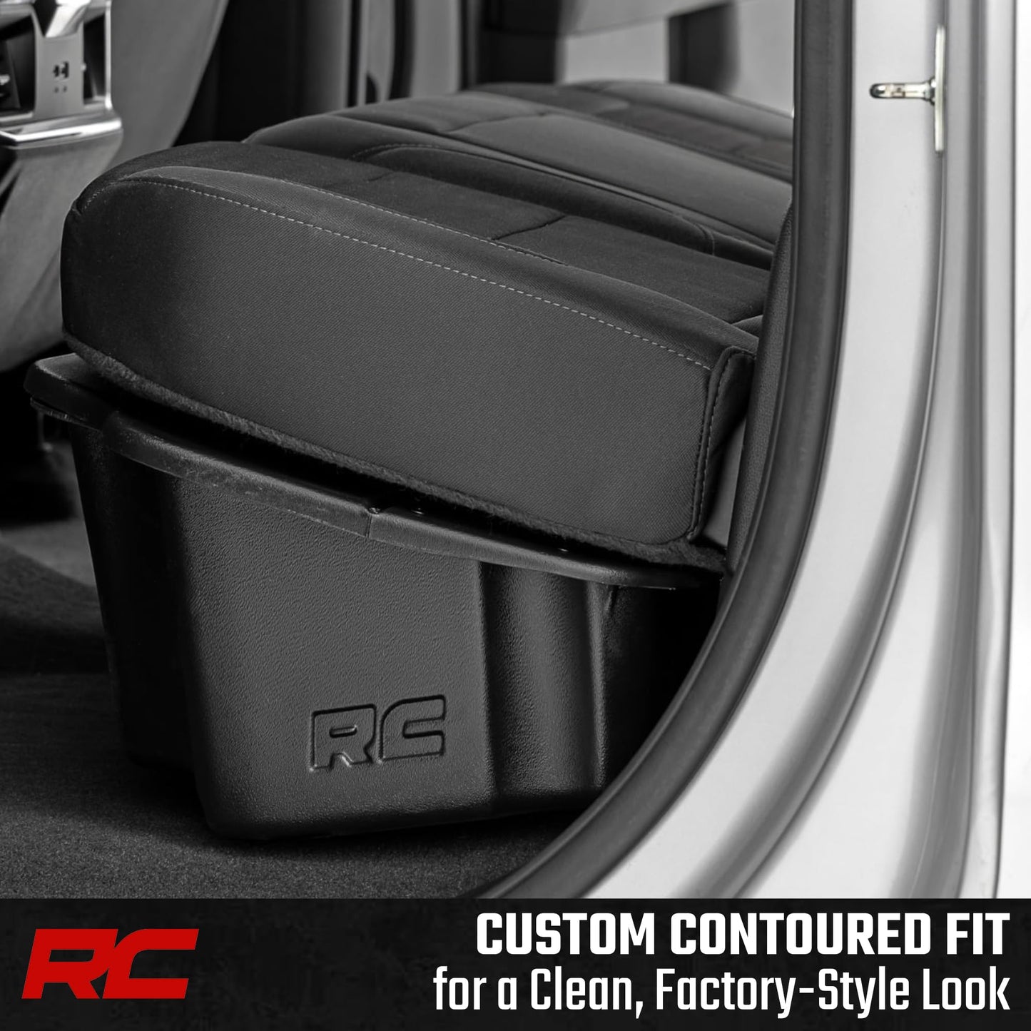 Rough Country Under Seat Storage for Chevy Silverado & GMC Sierra 1500/2500HD/3500HD Double Cab (2019-2026) - Custom Rear Under Seat Organizer Tray with Lockable Lid