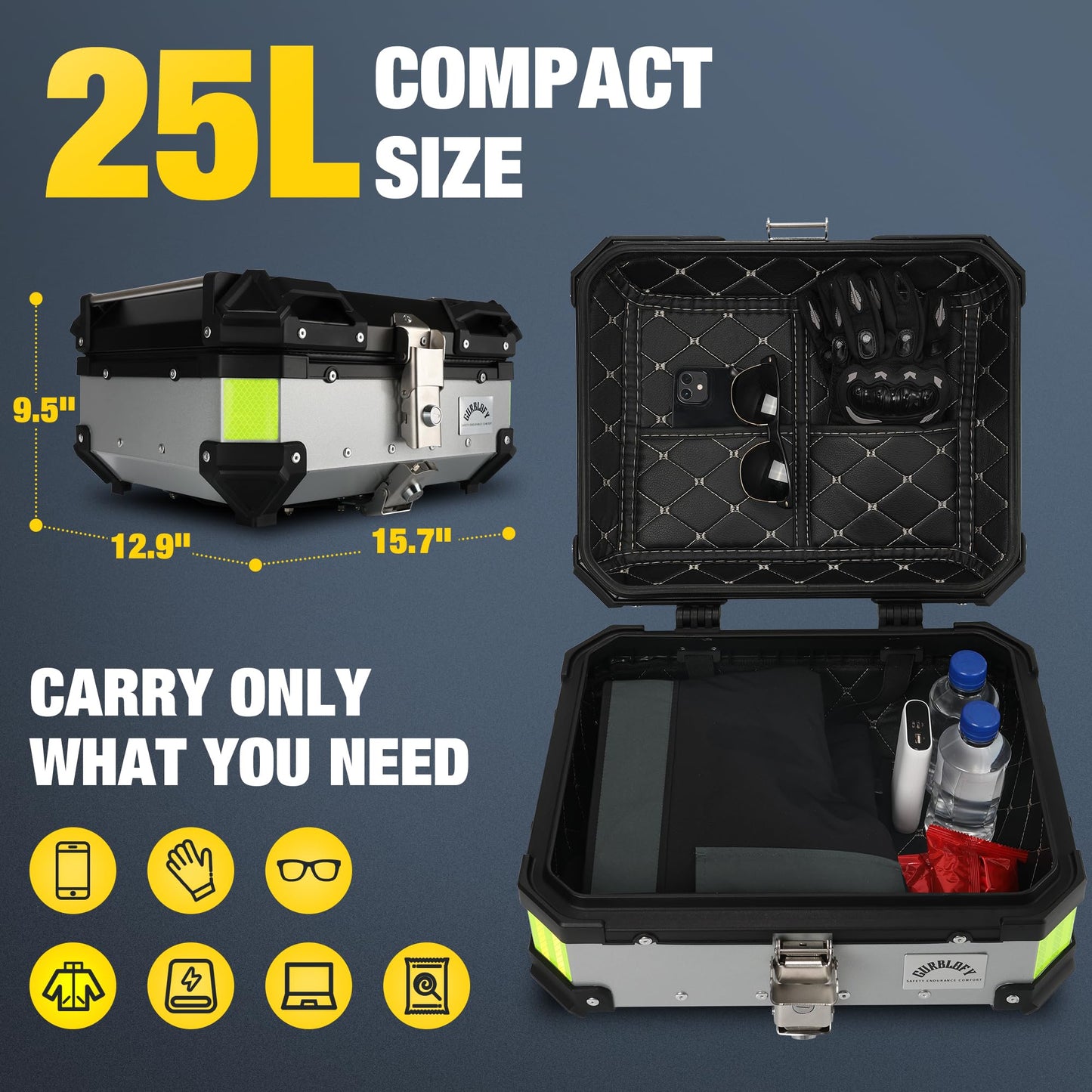 Gurblofy Motorcycle Top Box, 25L Aluminum Compact Motorcycle Top Case with Anti-Theft Lock System, Waterproof, Easy Installation with Universal Bracket, Back Cushion Included, Silver, GBTC-25S