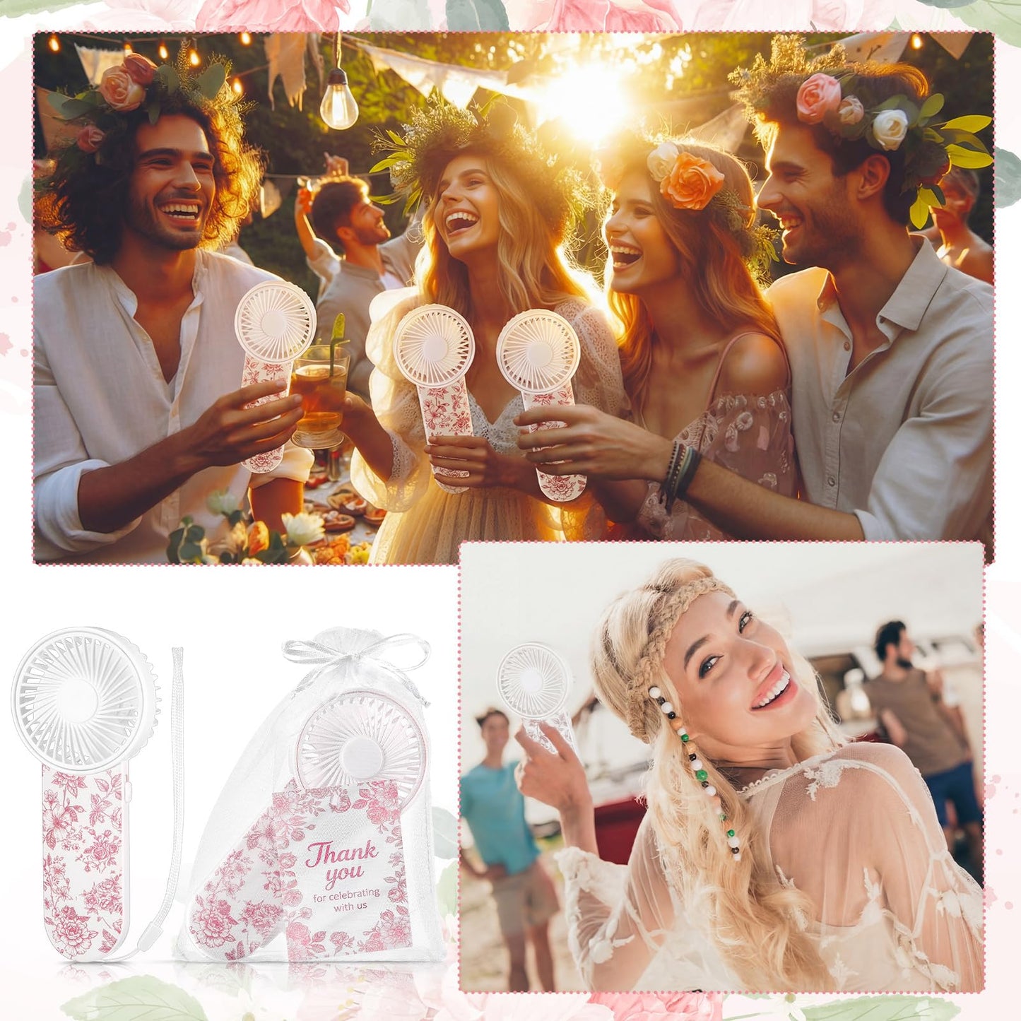 60 Set Portable Wedding Fans Bulk for Guests Mini Handheld Chinoiserie Floral Fan with Lanyard and Thank You Gifts Cards Battery Powered Fans Gift for Wedding Favors, Battery Not Include(Pink)