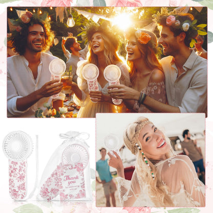 60 Set Portable Wedding Fans Bulk for Guests Mini Handheld Chinoiserie Floral Fan with Lanyard and Thank You Gifts Cards Battery Powered Fans Gift for Wedding Favors, Battery Not Include(Pink)