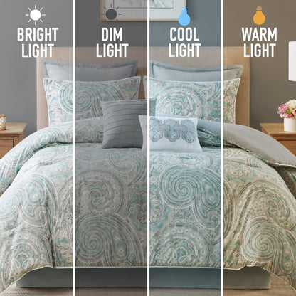 Comfort Spaces Cozy Comforter Set-Modern Classic Design, All Season Down Alternative Bedding, Matching Shams, Bedskirt, Decorative Pillows, Cal King, Kashmir Paisley Blue 8 Piece
