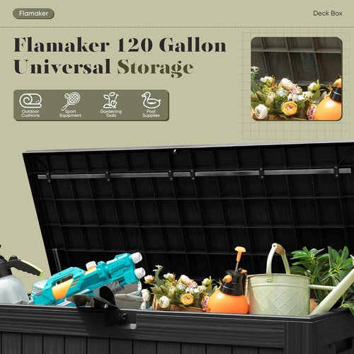 Flamaker 120 Gallon Waterproof Resin Deck Box - Large Outdoor Storage for Patio & Garden (Black)