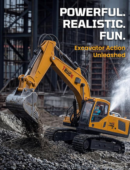 RC Excavator Toy with 4*Battery Set for Boys 11-Channel Remote Control Excavator Alloy Bucket Metal Construction Vehicle with LED Lights Sound and Water Spray Exhaust for Kids