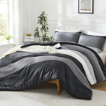 Litanika Comforter King Size Set Black White Grey - 3 Pieces Lightweight Bedding Comforter Set, Fluffy Down Alternative Comforter (1 Comforter, 2 Pillowcases)