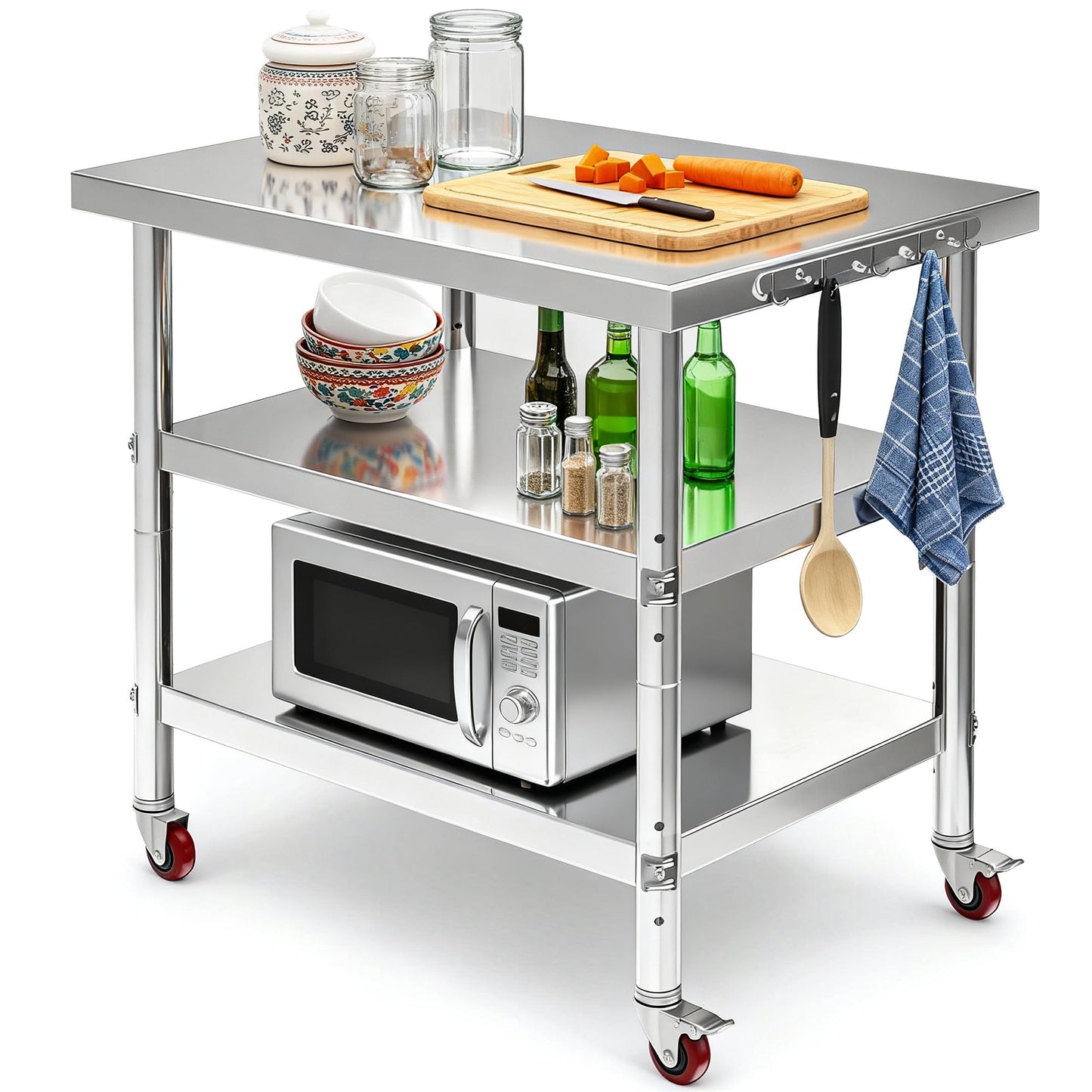 DWVO 30x24in Stainless Steel Table, NSF Metal Prep Worktable with 2 Adjustable Shelves & Wheels for Kitchen Restaurant Hotel Garage Warehouse Home