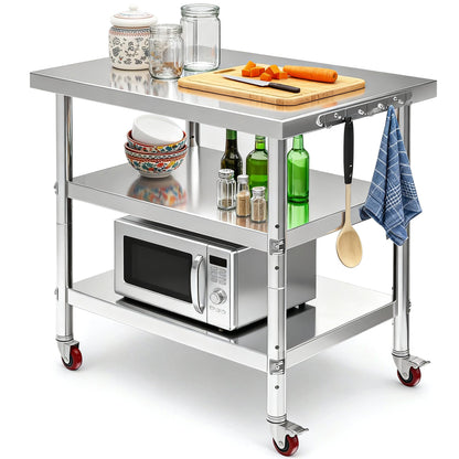 DWVO 30x24in Stainless Steel Table, NSF Metal Prep Worktable with 2 Adjustable Shelves & Wheels for Kitchen Restaurant Hotel Garage Warehouse Home