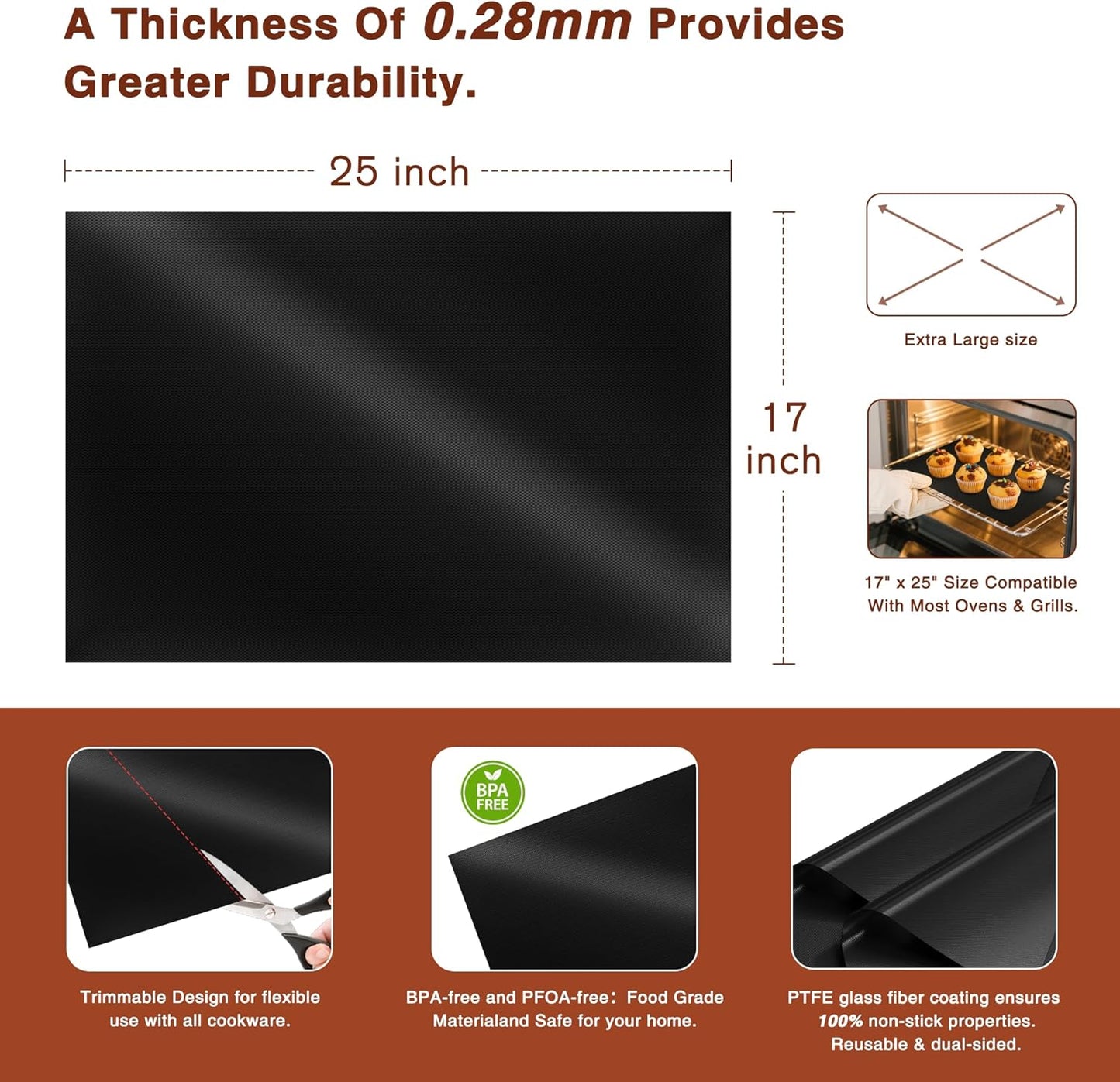 PrettyCare Oven Liners - Heavy Duty Non-Stick Mats, 3 Pack 16.25”x23” | BPA & PFOA Free Kitchen Accessory