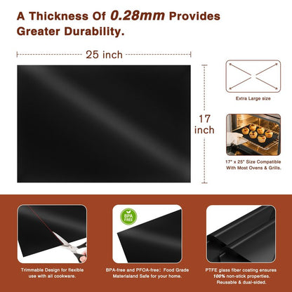 PrettyCare Oven Liners for Bottom of Oven - 2 Pack Large Heavy Duty Mats, 17”x25” Non-Stick Reusable Liner for Electric, Gas, Toasters, Grills - BPA & PFOA Free Kitchen Accessory