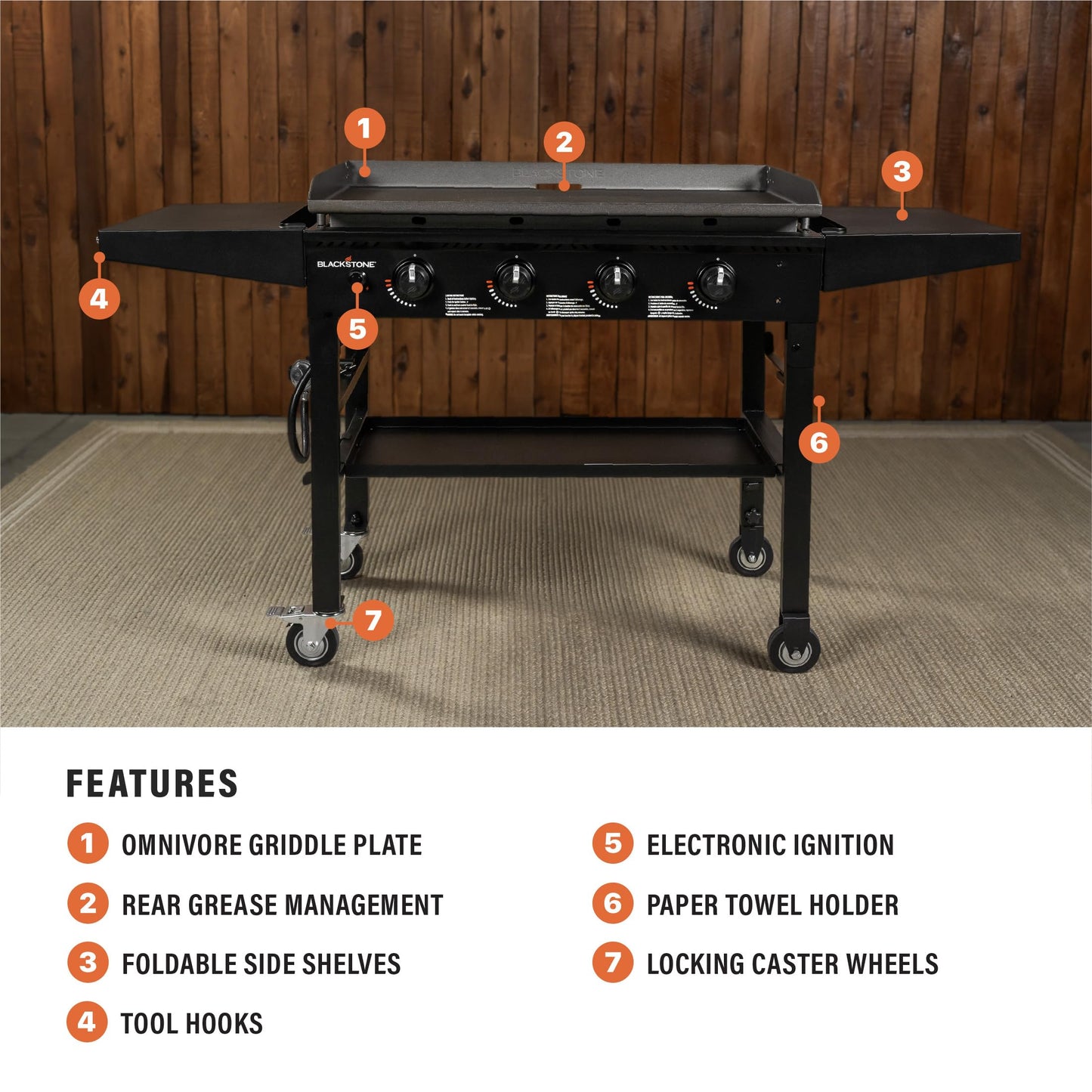 Blackstone 36 Inch 4 Burner 60,000 BTU Portable Steel Griddle Cooking Station with Foldable Legs, Grease Pan, and Storage Rack, Black