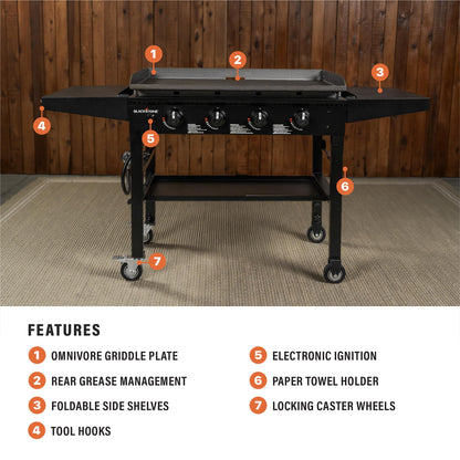 Blackstone 36 Inch 4 Burner 60,000 BTU Portable Steel Griddle Cooking Station with Foldable Legs, Grease Pan, and Storage Rack, Black