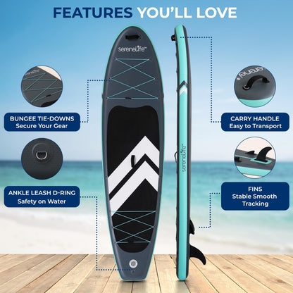 SereneLife 10’6” Inflatable Stand Up Paddle Board with Premium SUP Accessories - 33” Wide Stable Design with Non-Slip EVA Deck Pad for Youth and Adults, 350 lbs. Capacity