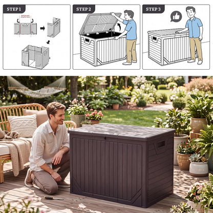 YITAHOME 230 Gallon Extra Large Outdoor Storage Box, Waterproof Double-WallDeck Box with Hydraulic Piston for Garden Tools, Pool Accessories & Cushions, Resin Deck Organizer with Bench Seat(Brown)