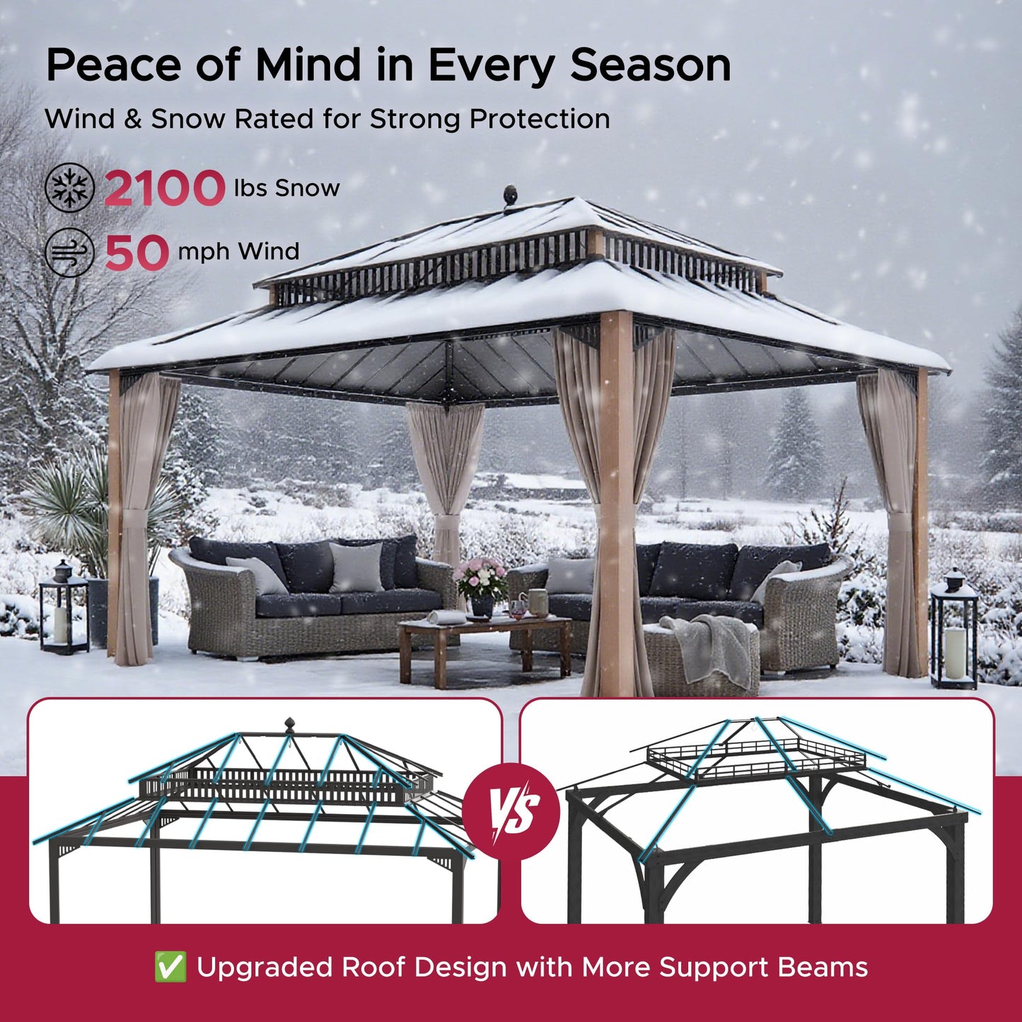 SUNJOY Kingston 16' x 12' Hardtop Gazebo with Galvanized Steel Double Roof, Curtain and Netting, Woodgrain Finish Aluminum Posts Permanent Pavilion Gazebo for Garden, Patio, Deck, Lawn