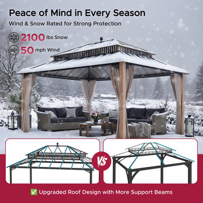 SUNJOY Kingston 16' x 12' Hardtop Gazebo with Galvanized Steel Double Roof, Curtain and Netting, Woodgrain Finish Aluminum Posts Permanent Pavilion Gazebo for Garden, Patio, Deck, Lawn