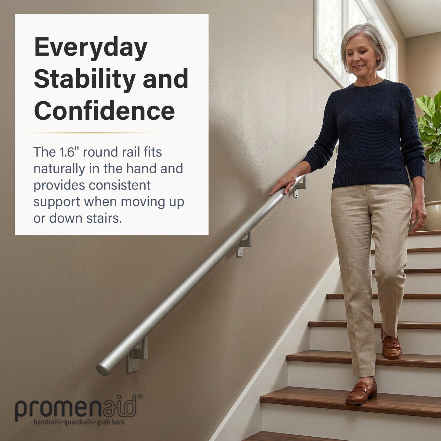 Promenaid - 3ft Flush Handrail Kit Sliver Finish Complete Indoor/Outdoor Handrail for Stairs with ADA Wall Return Kit Flush Endcap Replacement