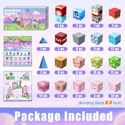 100PCS Magnetic Blocks Magnetic Building Blocks STEM Constructions Magnet Blocks for Boys Girls Age 3 4 5 6 7 8 9 10 Sensory Stacking Toy Christmas Birthday Gifts for Kids