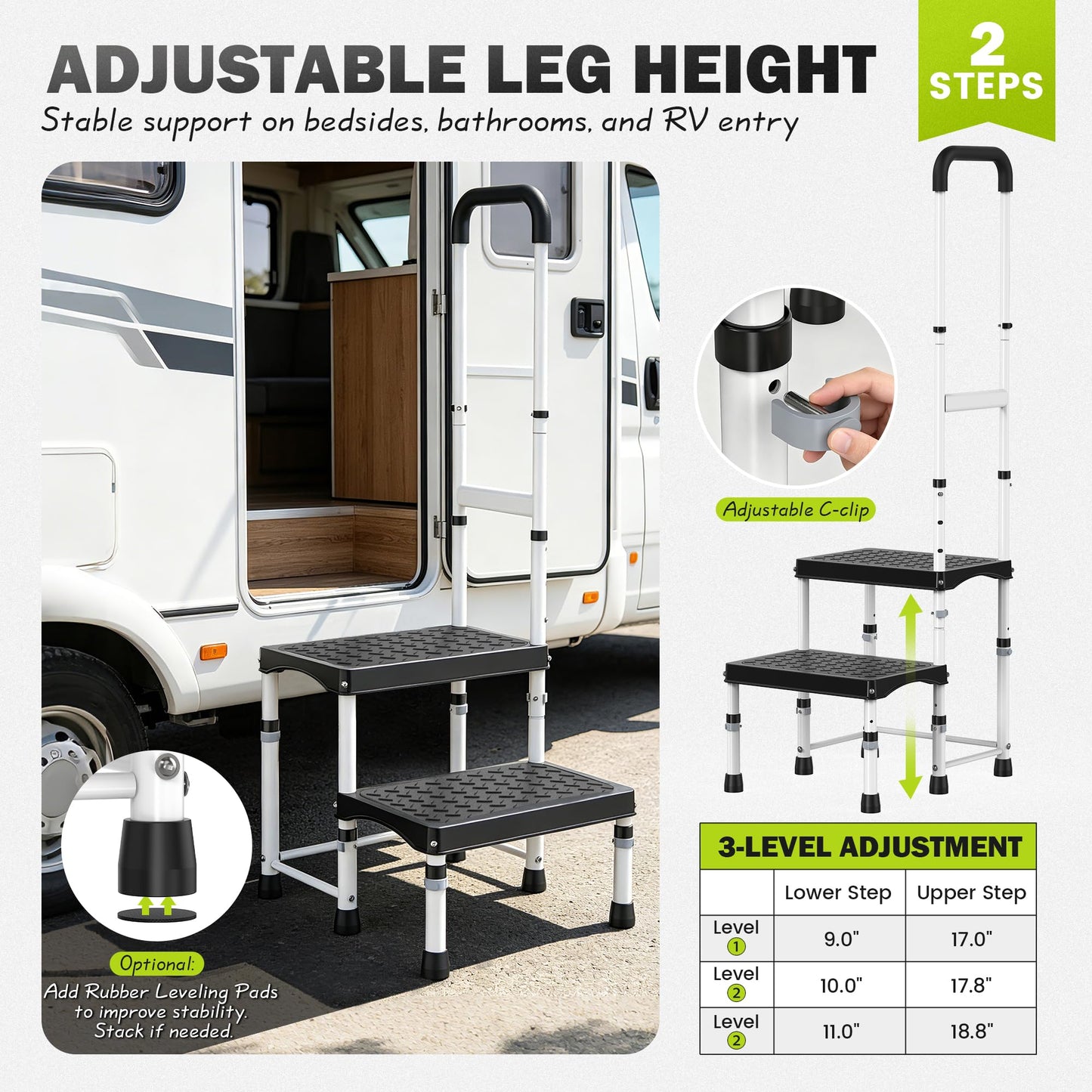 DEPSUNNY RV Step Stool with Handle for Elderly,2 Step Ladder with Handrail, Reinforced PP Wide Platform, Adjustable Height, Portable Stairs for Hot Tub/Camper/Mobile Home/Porch/SPA Pool/Pet Stairs