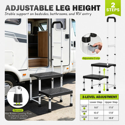 DEPSUNNY RV Step Stool with Handle for Elderly,2 Step Ladder with Handrail, Reinforced PP Wide Platform, Adjustable Height, Portable Stairs for Hot Tub/Camper/Mobile Home/Porch/SPA Pool/Pet Stairs