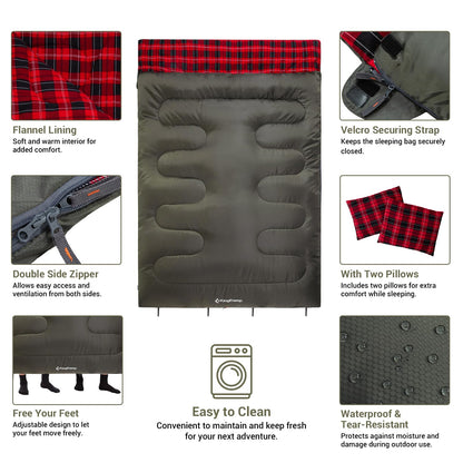 KingCamp Double Sleeping Bag for Adults, Queen Size 2 Person XXL Flannel Sleeping Bag, Waterproof Lightweight Flannel Quilt with 2 Pillows, Perfect for Couples Family Camping Hiking, Green