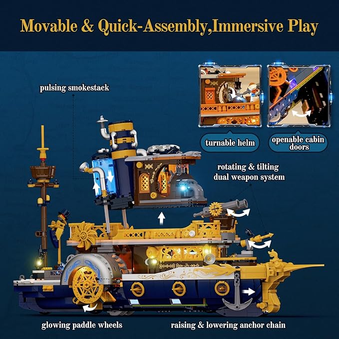 Steampunk Steamship Lighting Building Bricks Set - Steamboat Model Pirate Ship Destroyer Playset Collection Display kit with Minifigures 1792 Pcs for Adults &amp Teens &amp Steampunk Lovers