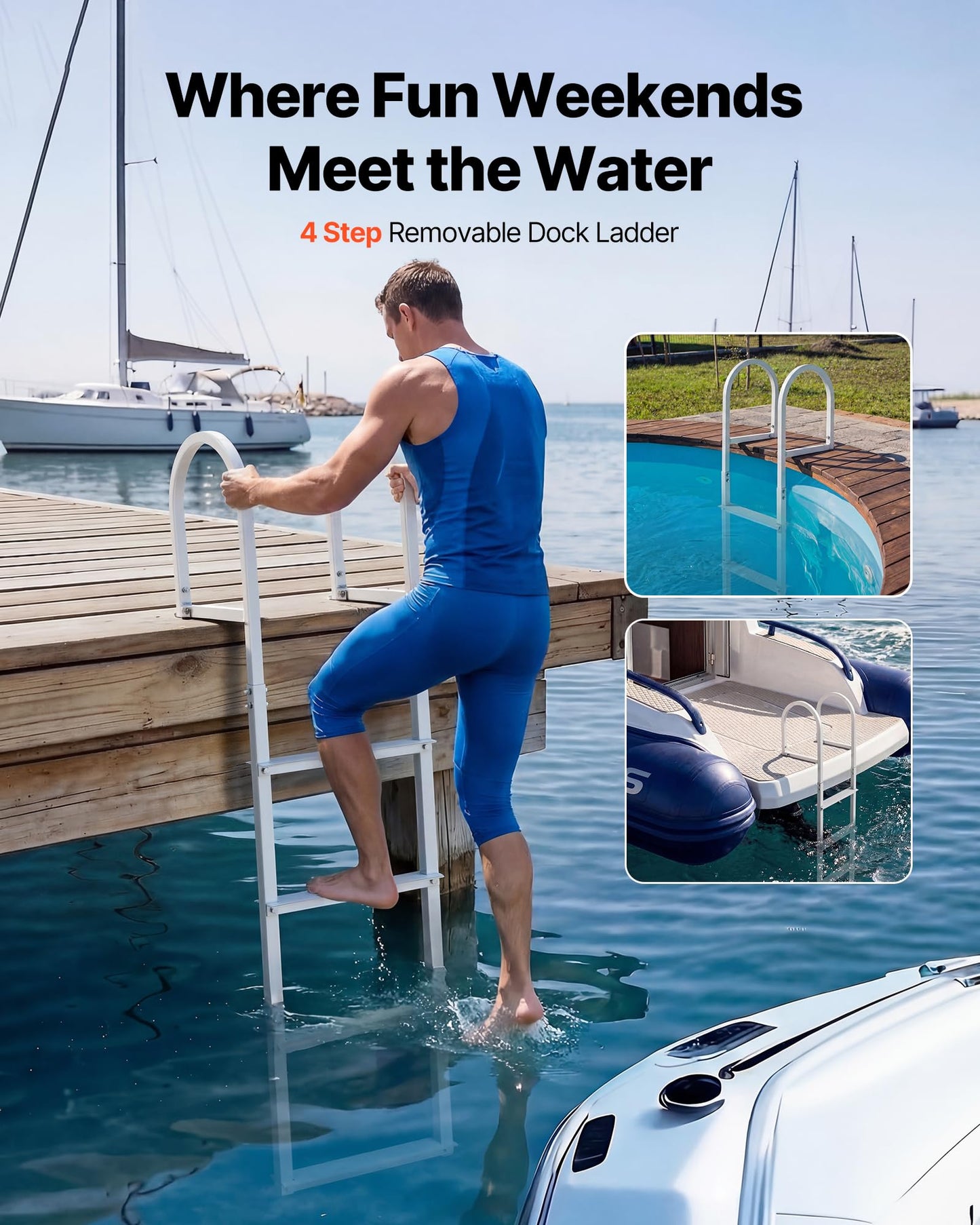 VEVOR Removable Dock Ladder, 4 Steps, Aluminum Alloy Pontoon Boat Swim Ladder, with Non-Slip Wide Steps, 500 lbs Weight Capacity, Quick Release Design, for Lake Swimming, Pool, Boat, Marine Boarding