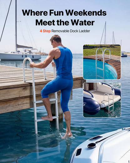 VEVOR Removable Dock Ladder, 4 Steps, Aluminum Alloy Pontoon Boat Swim Ladder, with Non-Slip Wide Steps, 500 lbs Weight Capacity, Quick Release Design, for Lake Swimming, Pool, Boat, Marine Boarding