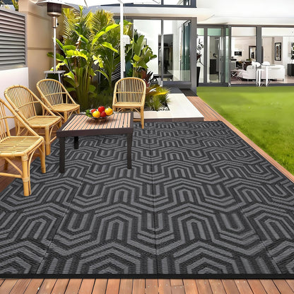 GAOMON 10'x14' Outdoor Rug Waterproof, Reversible Plastic Straw Rug for Poolside, Gazebo, Outdoor Dining Area, Backyard Party – UV Resistant, Heavy Duty, Easy Clean for High Traffic Areas, Black&Grey