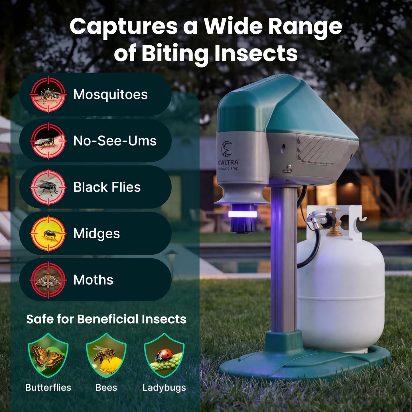 OWLTRA MT2410 Upgraded Outdoor Mosquito Guard, Quiet, Odorless, All-Weather Insect Control with CO2 Release with Propane & UV Light for Mosquitoes, No-See-Ums, Flies, Moths & Midges, Dark Green