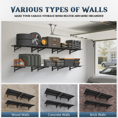 Jusgym 4 Pack Heavy Duty Garage Wall Shelving (2x3ft), 1400lbs Capacity Garage Shelving Wall Mounted, 24"x72"Garage Storage Rack Floating Shelves, Black