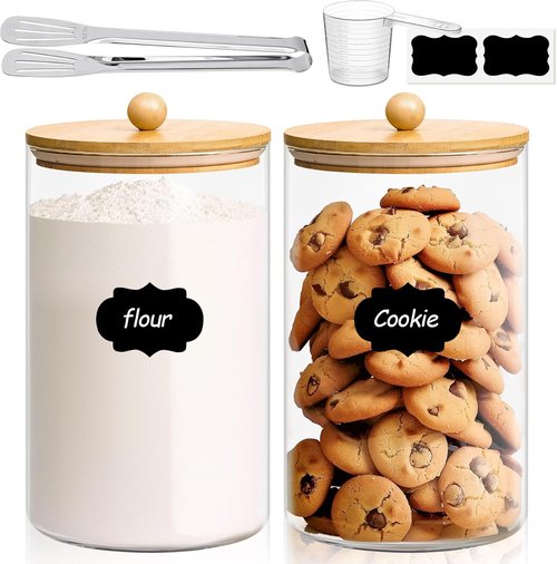 ComSaf 1 Gallon Cookie Jar - Large Glass Food Storage Canister Set of 2 with Lid & Spoon | 3.9 Qt Flour Container for Sugar, Oats, Beans, Pasta
