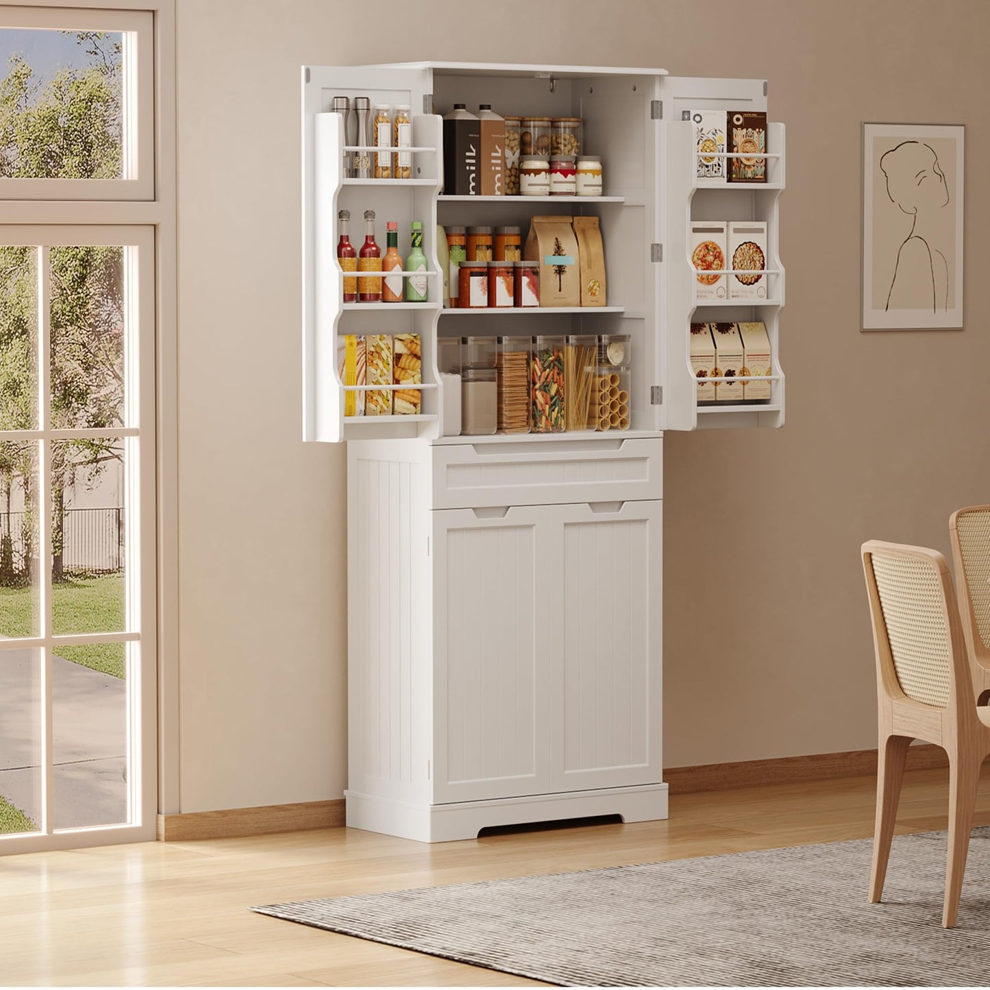 Gizoon 71" Tall Kitchen Pantry Cabinet with Doors and Adjustable Shelves, Pantry Storage Cabinet with Drawer Freestanding Organizer for Small Kitchen Bathroom Laundry Room, Painted White