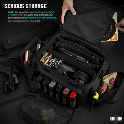 Savior Equipment Specialist Series Tactical Triple Pistol Shooting Range Hunting Duffle Bag Gun Carrying Case, Rigid Compartment Frame, Lockable Zippers (Obsidian Black, 18" x 9" x 12" Range Bag)