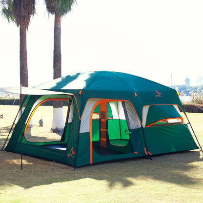 KTT Extra Large Tent 12 Person,Family Cabin Tents,2 Bay-Windows,2 Rooms and 3 Doors 3 Windows with Mesh,Waterproof,Straight Wall,Double Layer,Big Tent for Outdoor,Picnic,Camping,Gathering(Green)