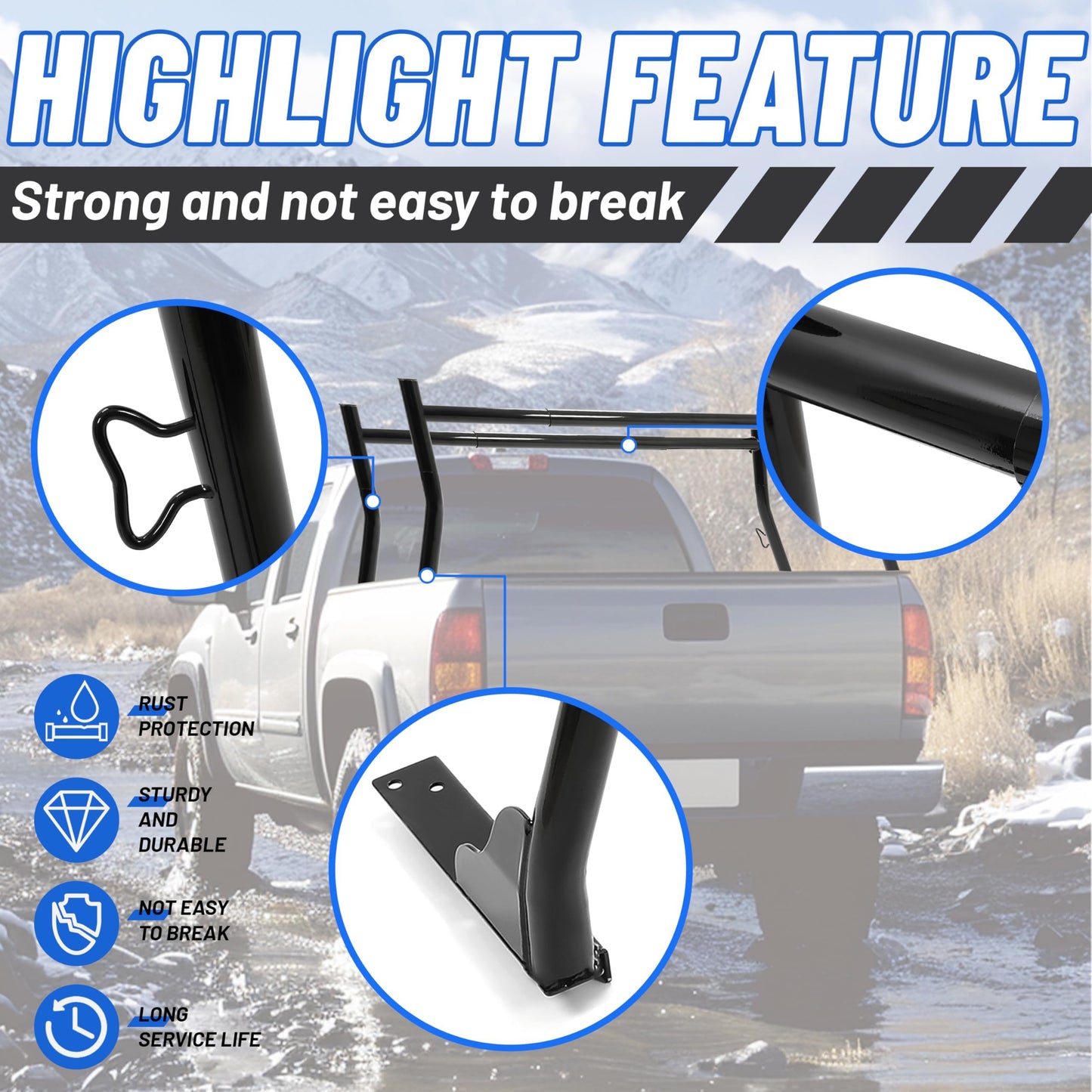 KUAFU Extendable Truck Rack Heavy Duty Steel Truck Bed Ladder Rack Compatible with Truck-Bed Width Ranged from Min.51 - Max.71,800Ibs Capacity Cargo Rack Kayak Surfboard Lumber Rack Two-bar Set