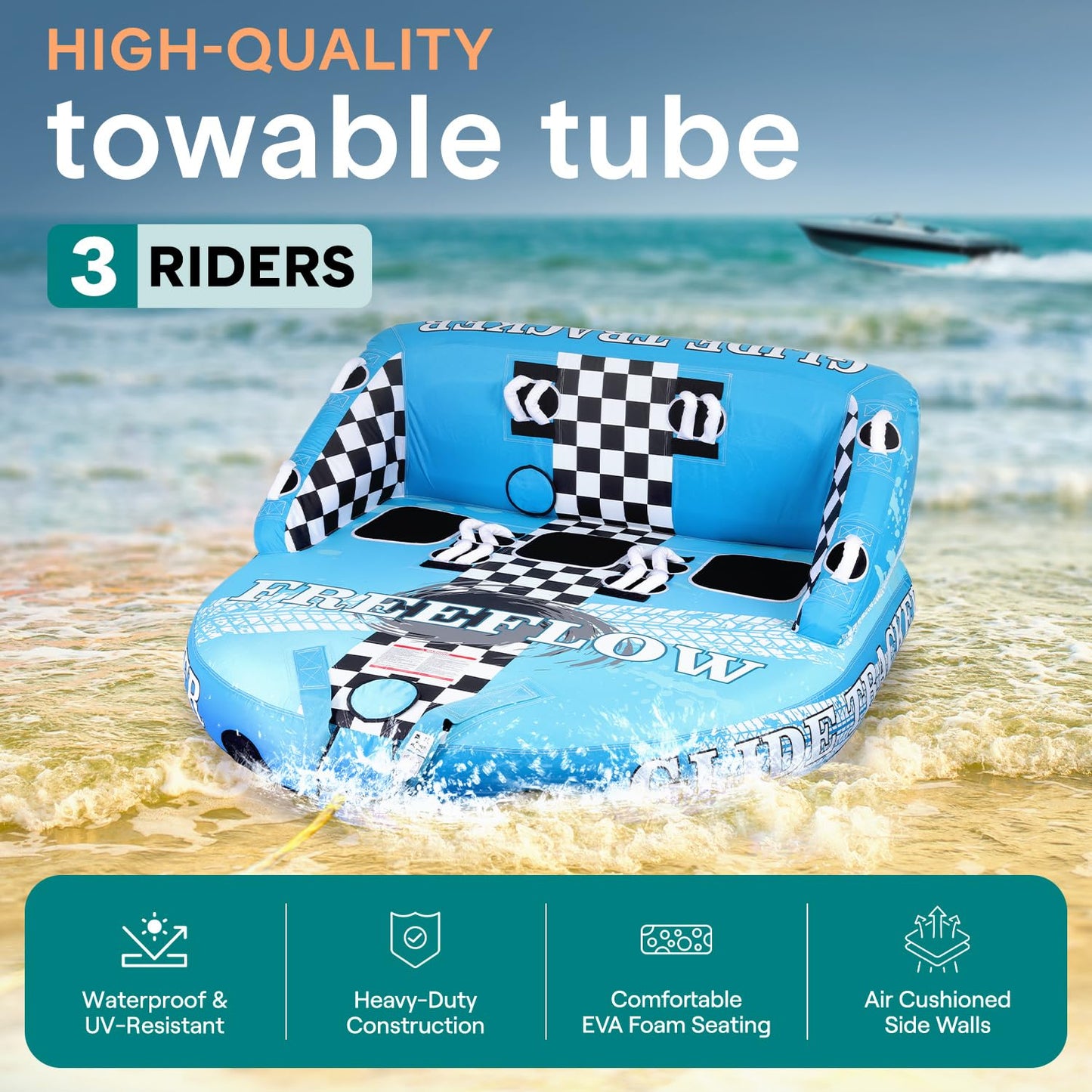 SereneLife 3-Person Inflatable Towable Booster Tube - Heavy-Duty Water Tube Boating Float Tow Raft, Watersports Inflatable Pull Boats/Tubes/Towables w/Foam Seats, PVC Bladder, Handles