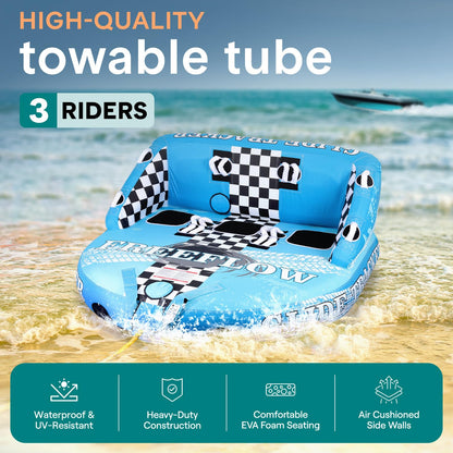SereneLife 3-Person Inflatable Towable Booster Tube - Heavy-Duty Water Tube Boating Float Tow Raft, Watersports Inflatable Pull Boats/Tubes/Towables w/Foam Seats, PVC Bladder, Handles