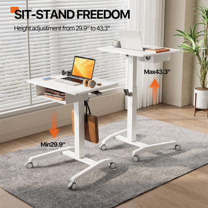 JOY worker Mobile Standing Desk with Storage Drawer, Pneumatic Height Adjustable Mobile Laptop Desk Workstation, White Rolling Cart with Wheels for Home Office Classroom