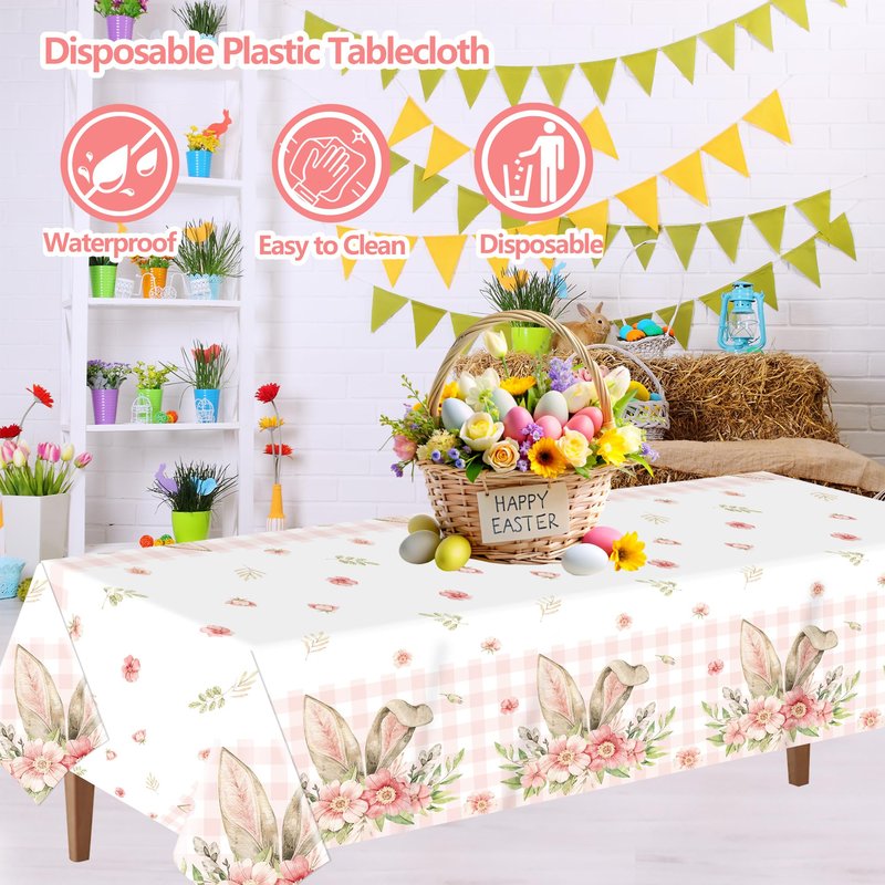 BCCSNNM 4 Pcs Easter Tablecloth Plastic,Easter Party Decorations Disposable Bunny Tablecloth Spring Table Cover,54x108 Inch