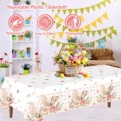 BCCSNNM 4 Pcs Easter Tablecloth Plastic,Easter Party Decorations Disposable Bunny Tablecloth Spring Table Cover,54x108 Inch