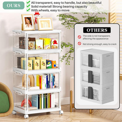 Kmiectse Clear Storage Bins - 4-Tier Stackable Plastic Bins with Lids & Wheels | 23 QT Closet Organizer for Bedroom & Living Room