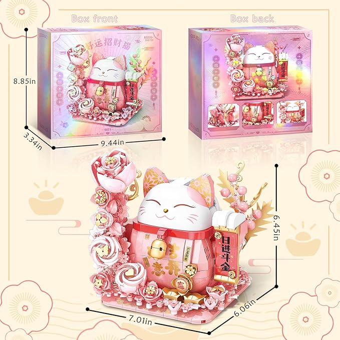 Lucky Cat Building Block Set Compatible with Lego Cat 868Pcs Cute Fortune Cat with Flowers Building Blocks Christmas Birthday Creative Gift for Girls Boys Adult (Pink Cat)