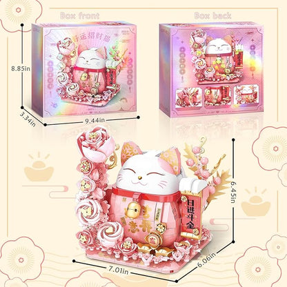 Lucky Cat Building Block Set Compatible with Lego Cat 868Pcs Cute Fortune Cat with Flowers Building Blocks Christmas Birthday Creative Gift for Girls Boys Adult (Pink Cat)
