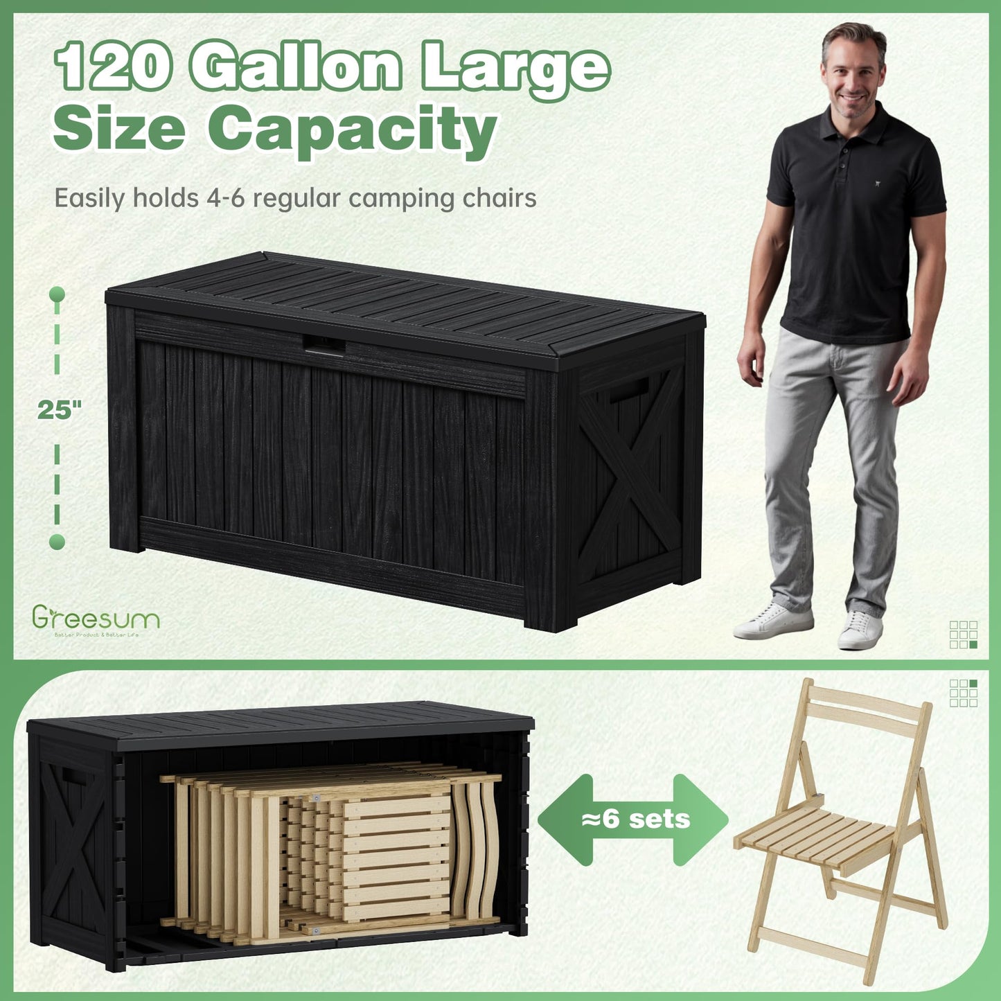 Greesum Outdoor Storage Box 120 Gallon Storage Bin with Lid for Patio Furniture, Garden Tools, Pool Supplies, Lockable, Waterproof and UV Resistant, Black