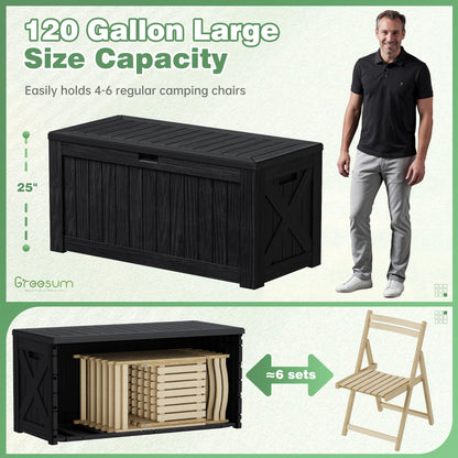 Greesum Outdoor Storage Box 120 Gallon Storage Bin with Lid for Patio Furniture, Garden Tools, Pool Supplies, Lockable, Waterproof and UV Resistant, Black