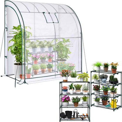 Ohuhu Portable Lean to Greenhouse with 3 Pack Plant Shelves, White